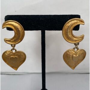 Celestial theme gold dangle Drop earrings brushed gold 2”L